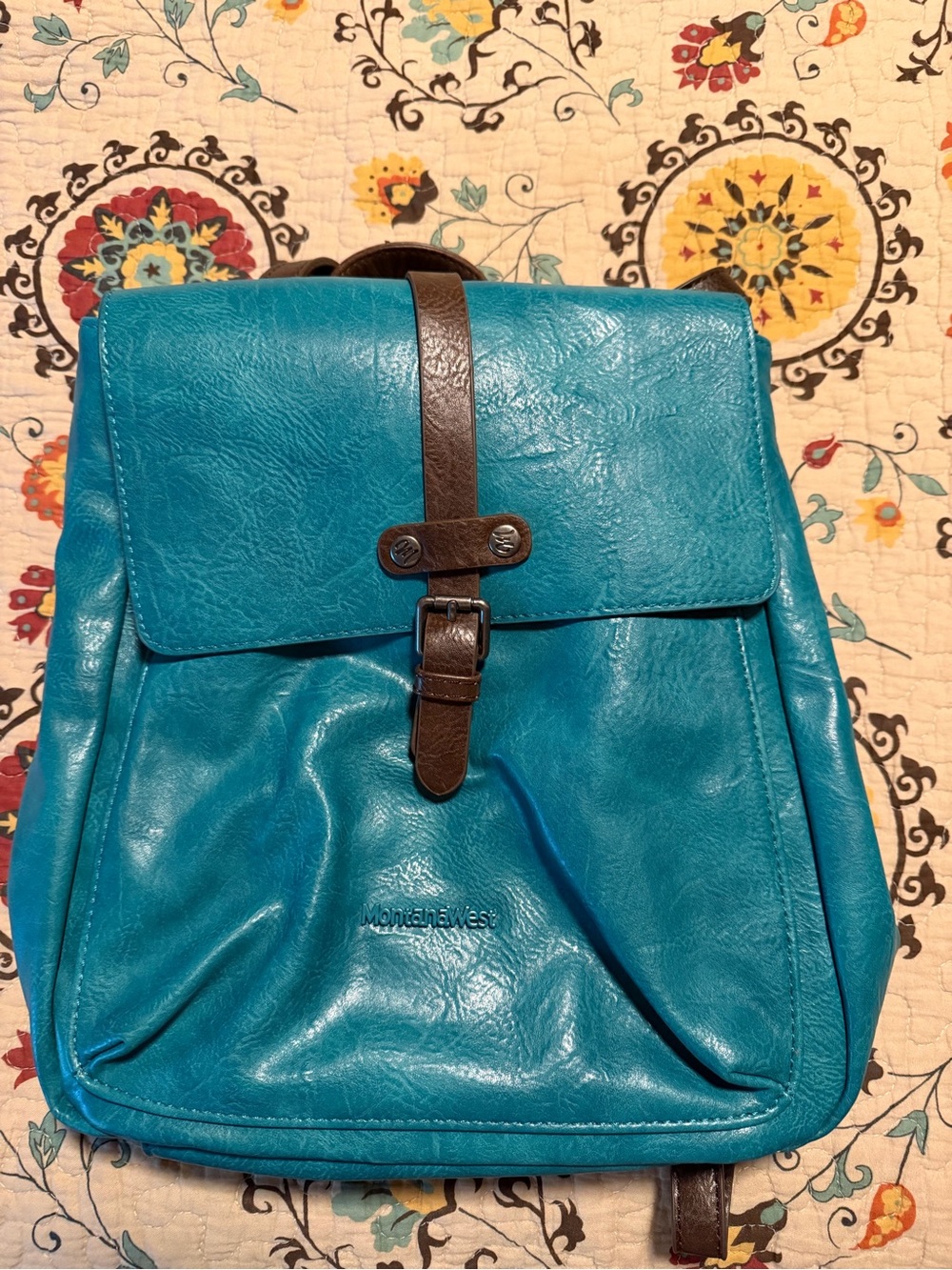 Montana West Teal Blue Faux Leather Backpack with Brown Accent